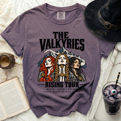 The Valkyries Rising Tour t-shirt features three women and mountains.