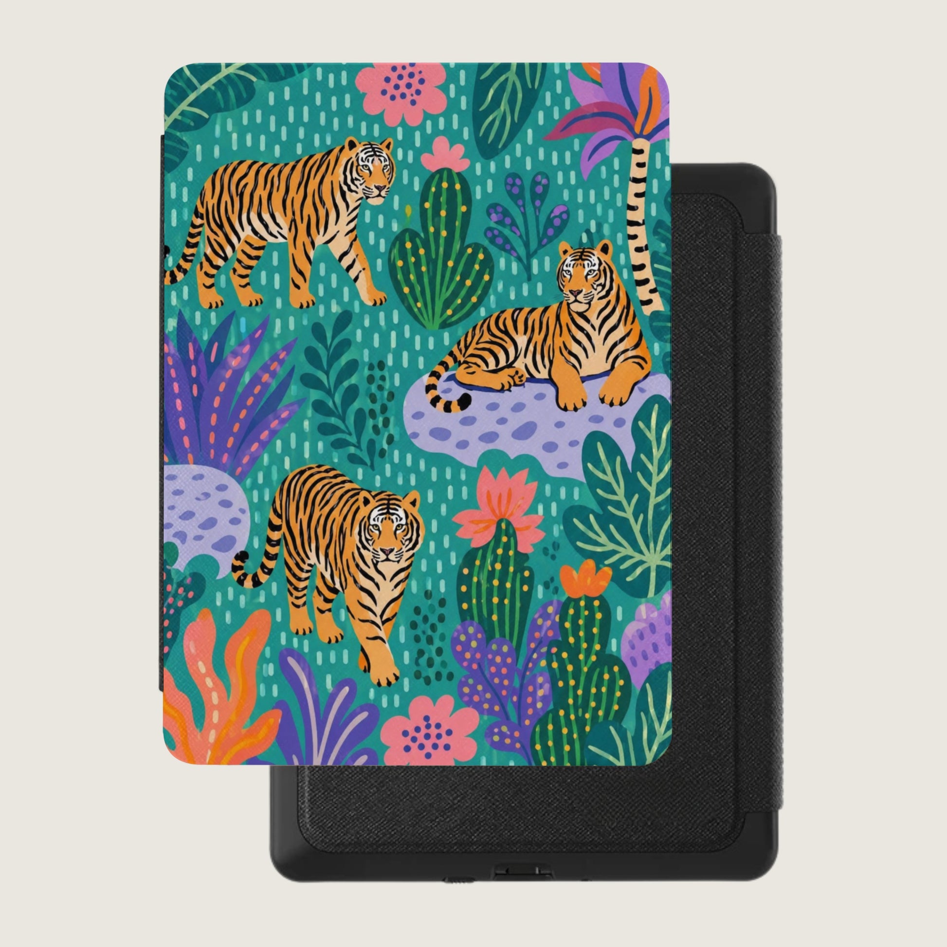 Tropical print case with three tigers and colorful jungle foliage on light background.