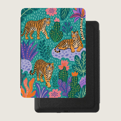 Tropical print case with three tigers and colorful jungle foliage on light background.
