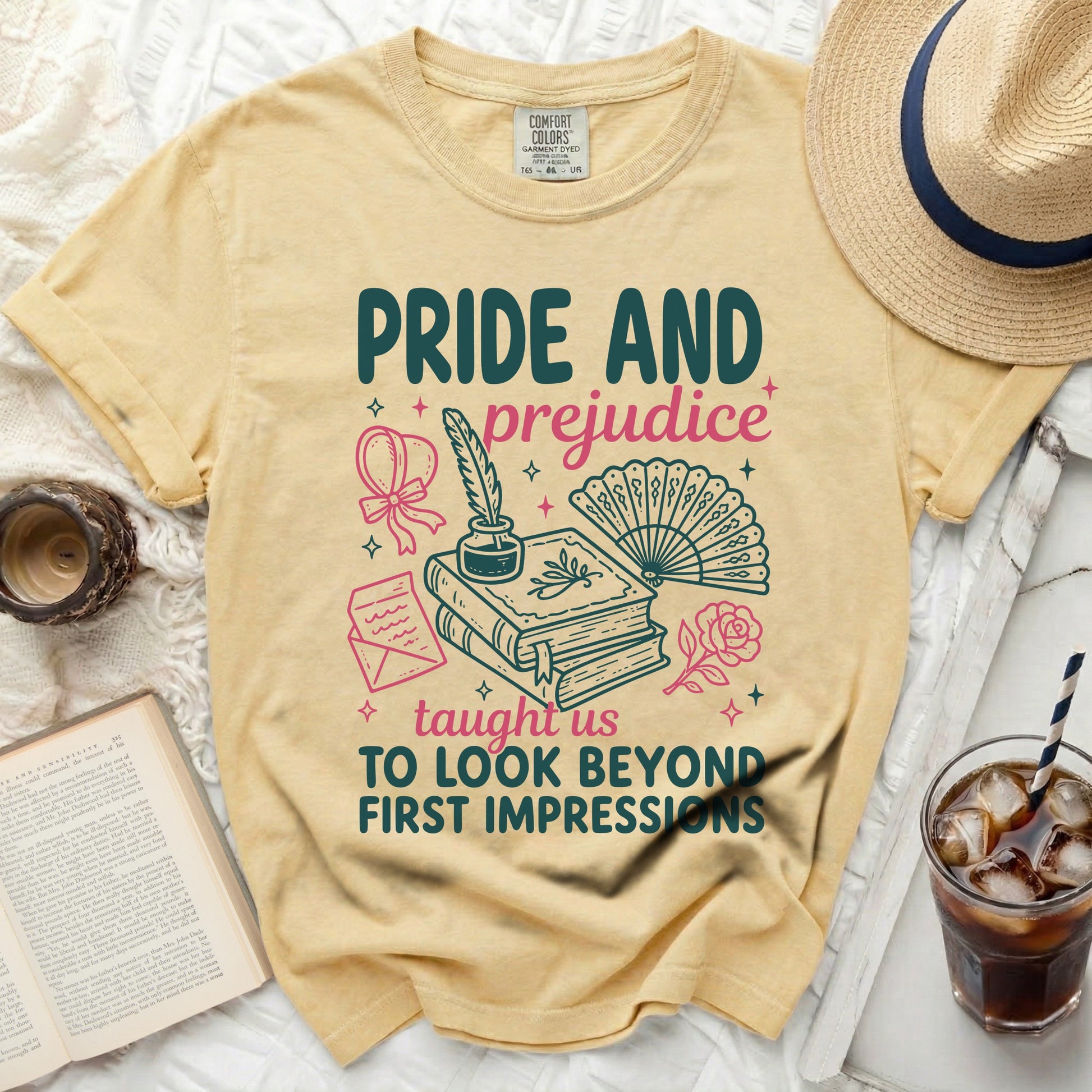 Pride and Prejudice taught us to look beyond first impressions literary graphic t-shirt.