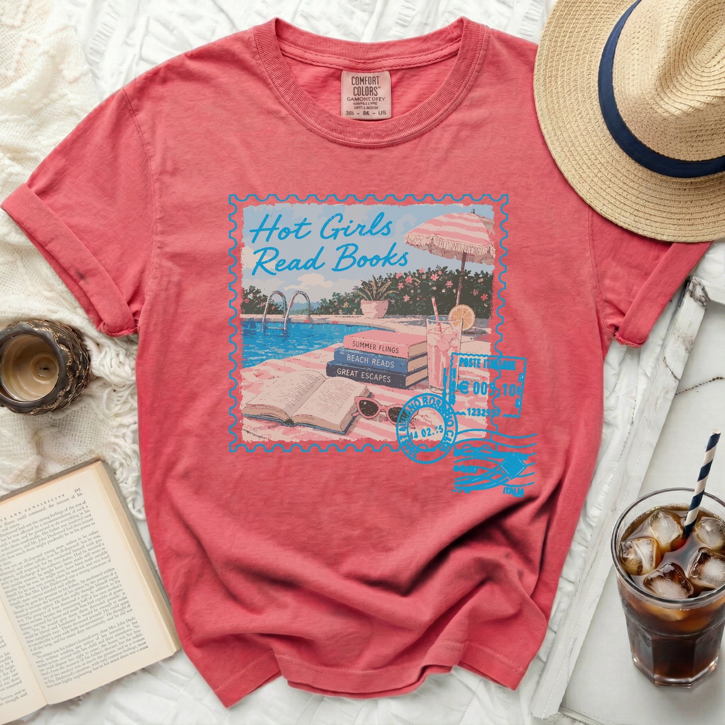 Red t-shirt with "Hot Girls Read Books" graphic and swimming pool design.