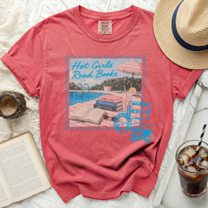 Red t-shirt with "Hot Girls Read Books" graphic and swimming pool design.