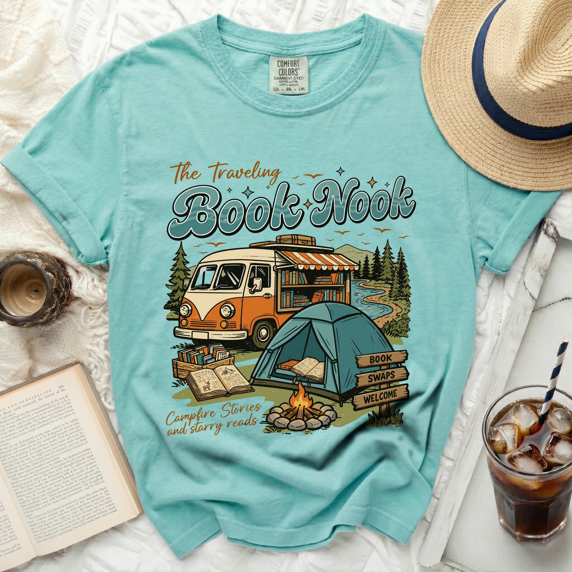 The Traveling Book Nook t-shirt with van, tent, campfire, and books.