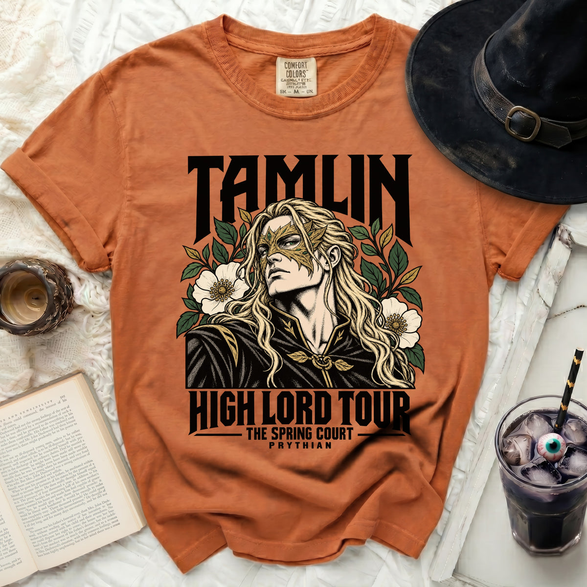 Orange t-shirt with Tamlin "High Lord Tour" graphic and Prythian text.