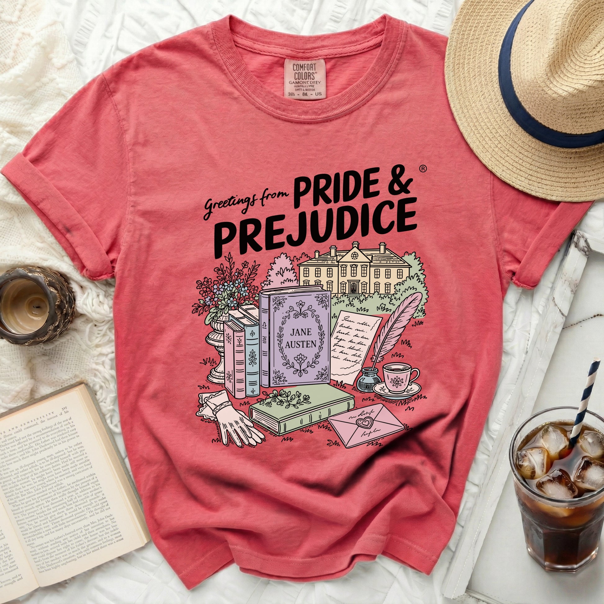 T-shirt with "Pride & Prejudice" literary illustrations and text.