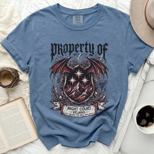 Blue t-shirt with a crest design featuring wings, mountains, and text "Property of Night Court Velaris".