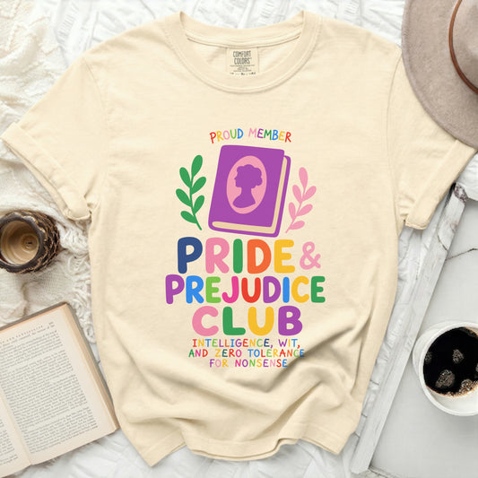 Pride & Prejudice Club t-shirt with text and book graphic.