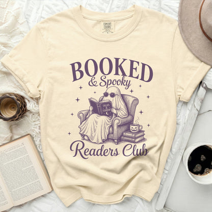 Booked & Spooky Readers Club t-shirt with a ghost reading a book.