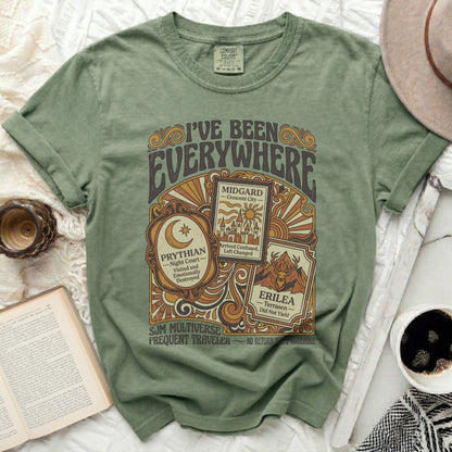 Green t-shirt with "I've Been Everywhere" and fictional locations.