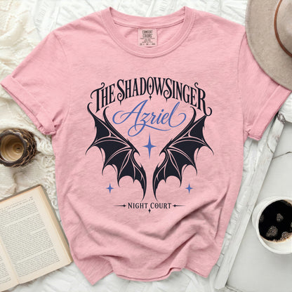 Pink t-shirt with "The Shadowsinger Azriel Night Court" design.