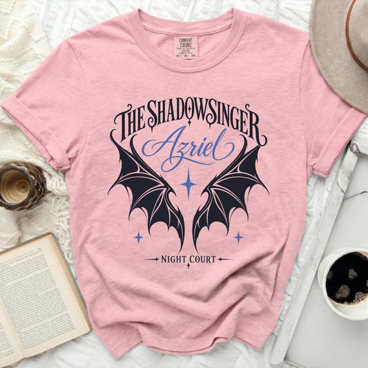 Pink t-shirt with "The Shadowsinger Azriel Night Court" design.