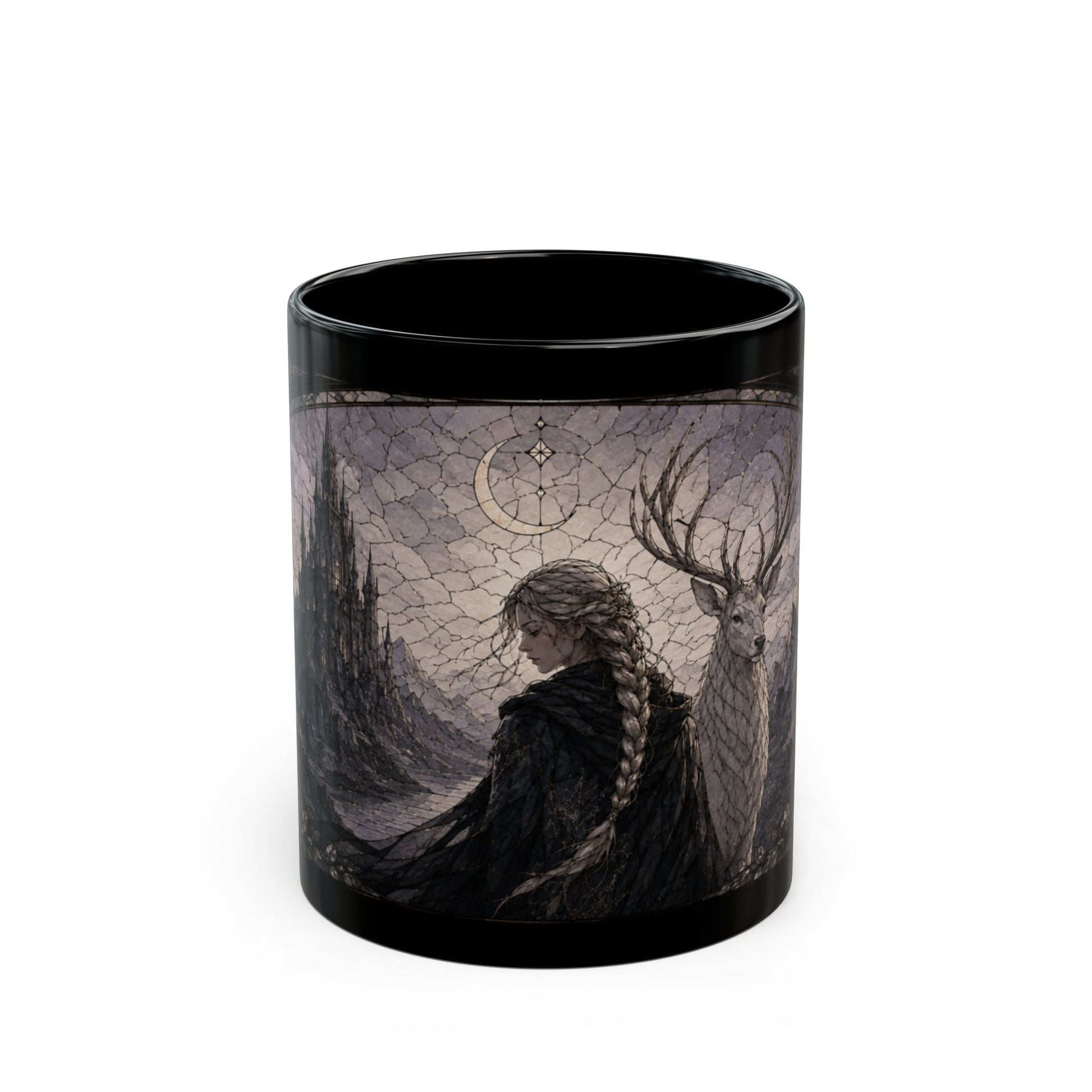 Black mug with a fantasy art print of a woman with a braided hairstyle and a stag.