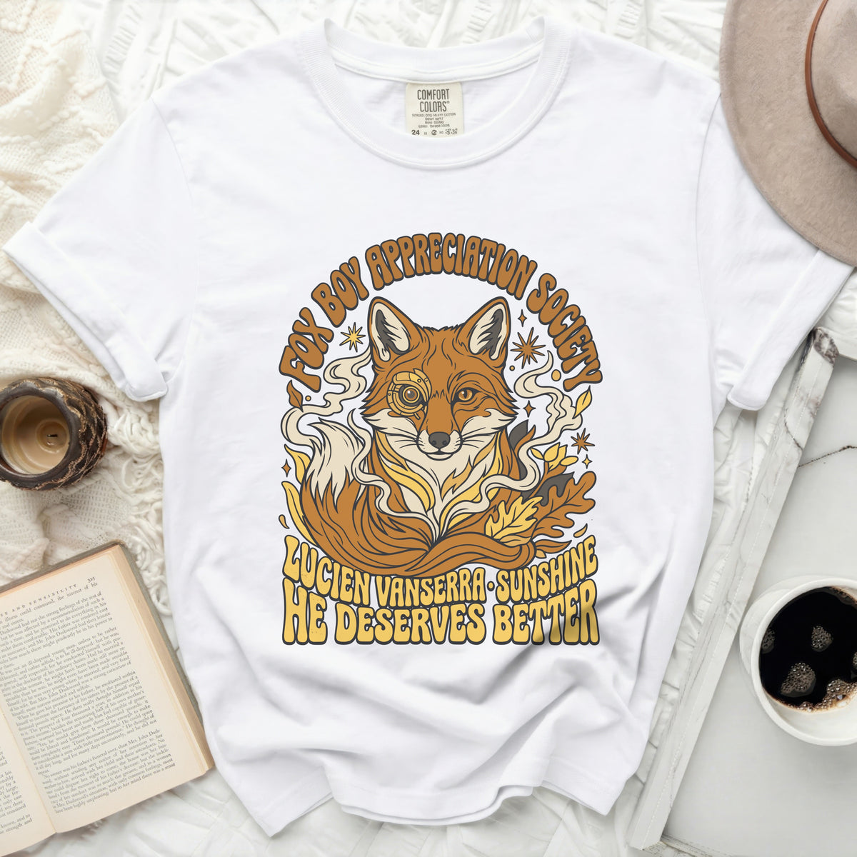 White t-shirt with retro fox graphic and text "Fox Boy Appreciation Society".