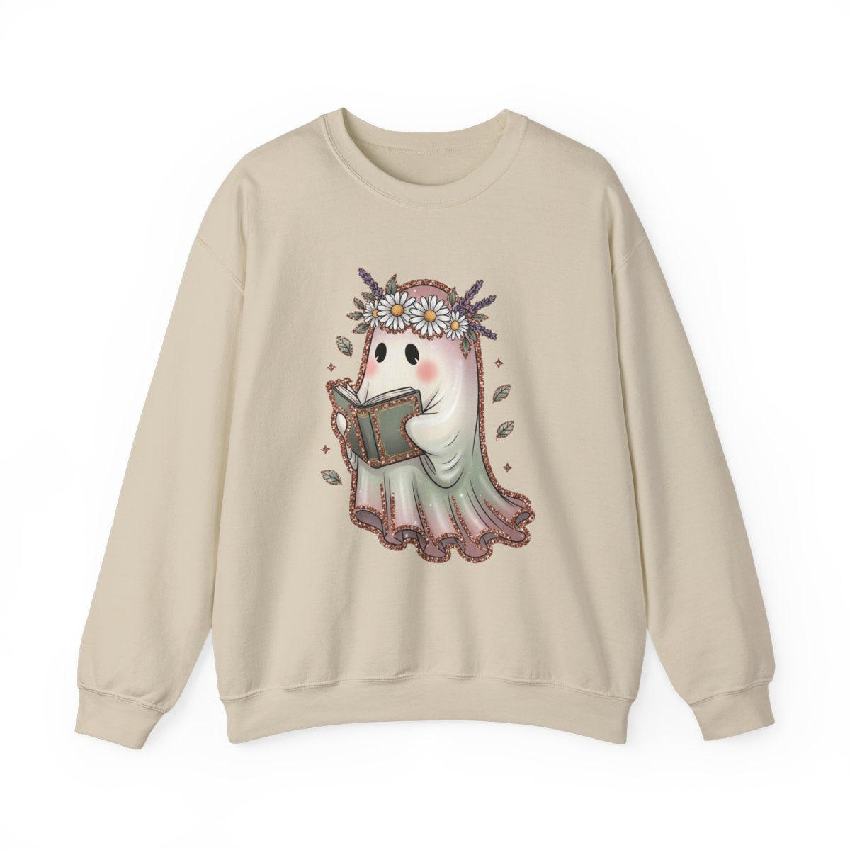Cute Ghost Reading a Book with Flower Crown Graphic Sweatshirt - MagicMerchEmporium