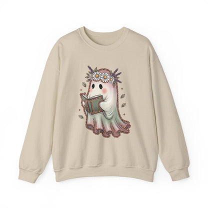 Cute Ghost Reading a Book with Flower Crown Graphic Sweatshirt - MagicMerchEmporium