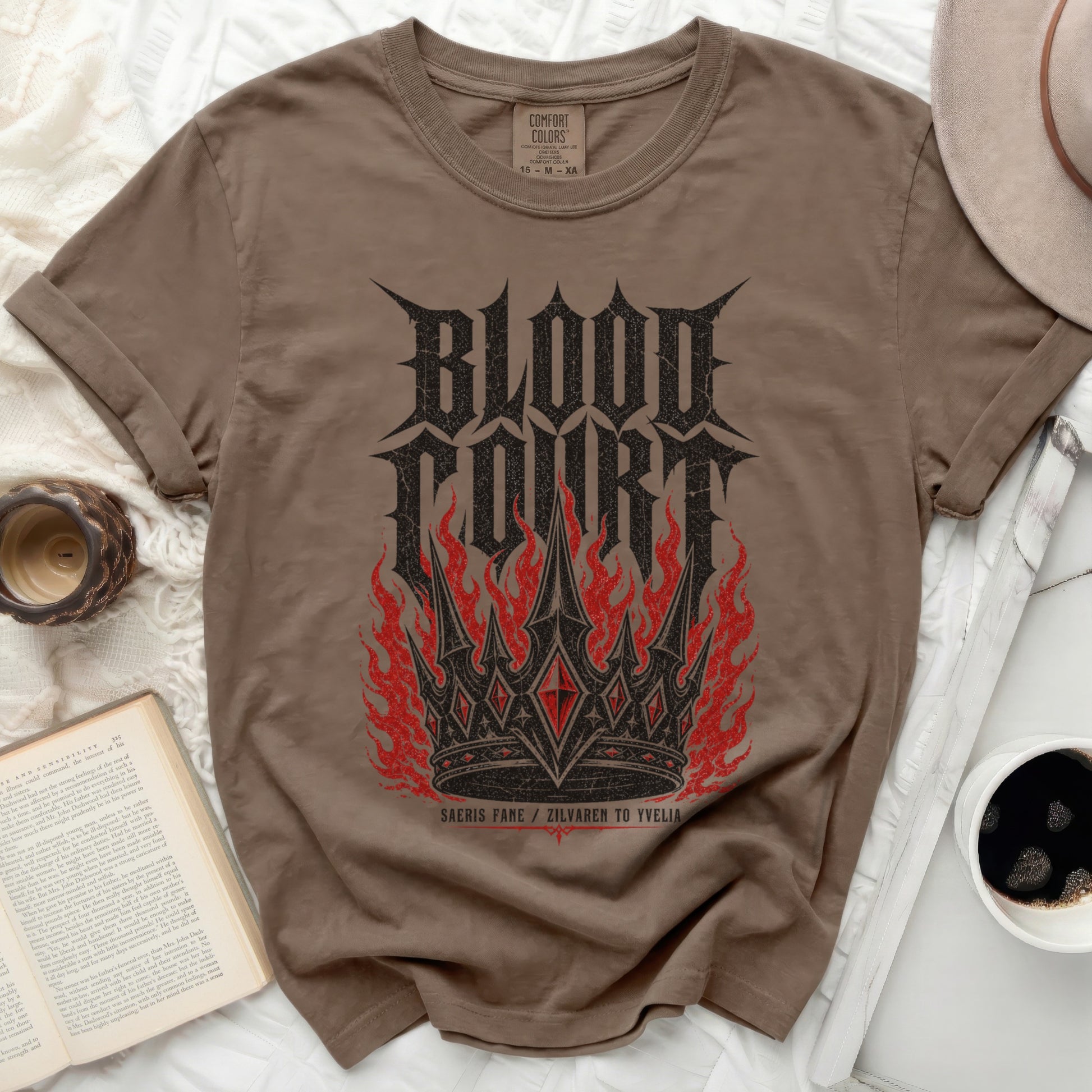 Brown t-shirt with red "BLOOD COURT" crown graphic and text.