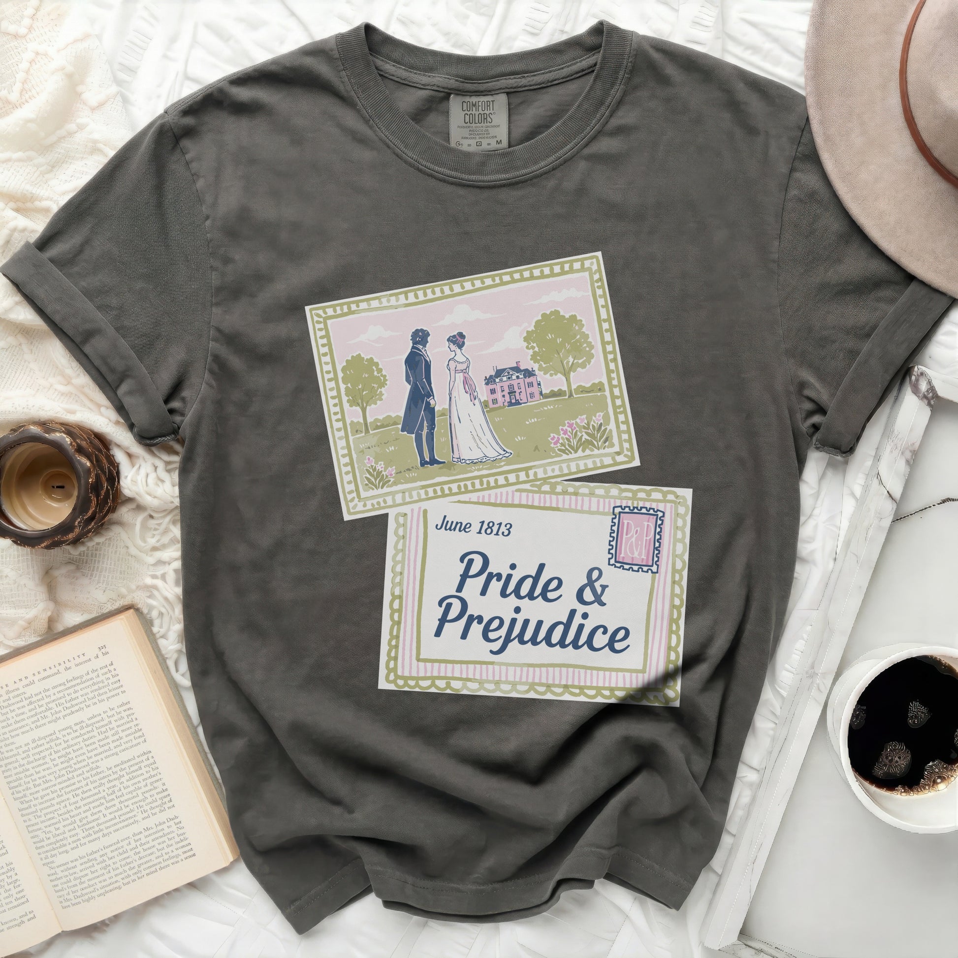 Dark grey t-shirt with "Pride & Prejudice" graphic and March 1813 date.