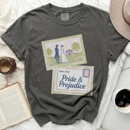 Dark grey t-shirt with "Pride & Prejudice" graphic and March 1813 date.