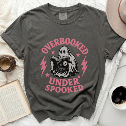 Ghost reading book with "Overbooked Under Spooked" text.