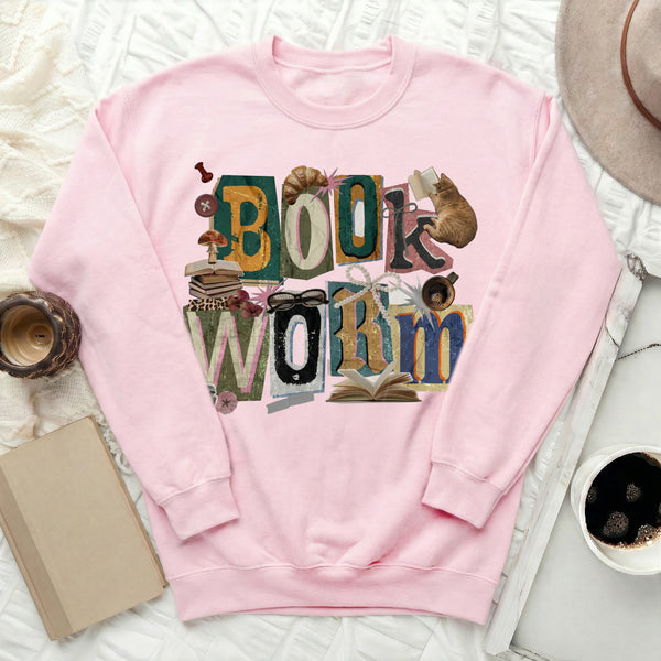 Book Worm Collage Sweatshirt in Light Pink