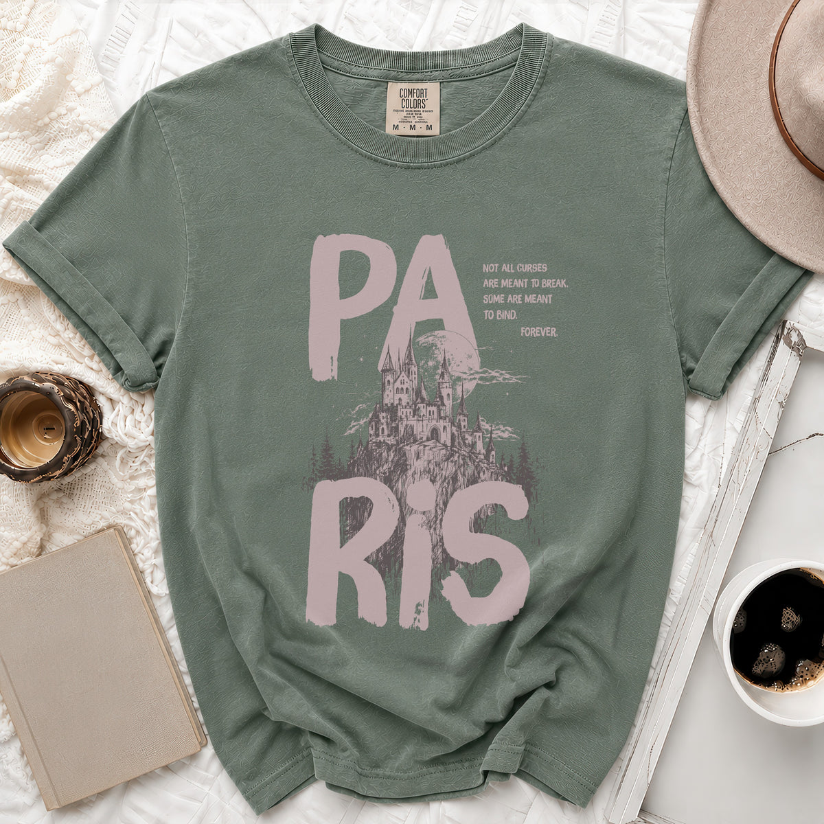 Green t-shirt with "PA RIS" text and castle graphic.