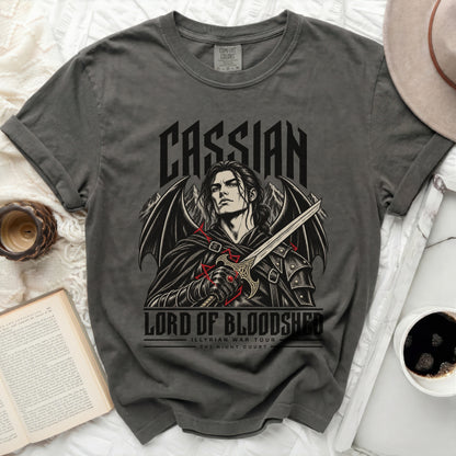 Cassian Lord of Bloodshed Illyrian War Tour graphic t-shirt with sword and wings.