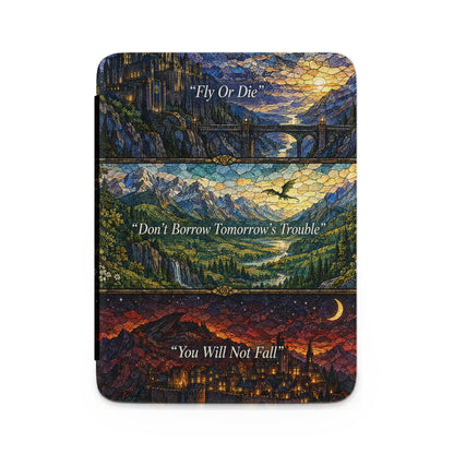 E-reader case featuring a stained glass design with three panels, fantasy landscapes, and inspirational quotes.
