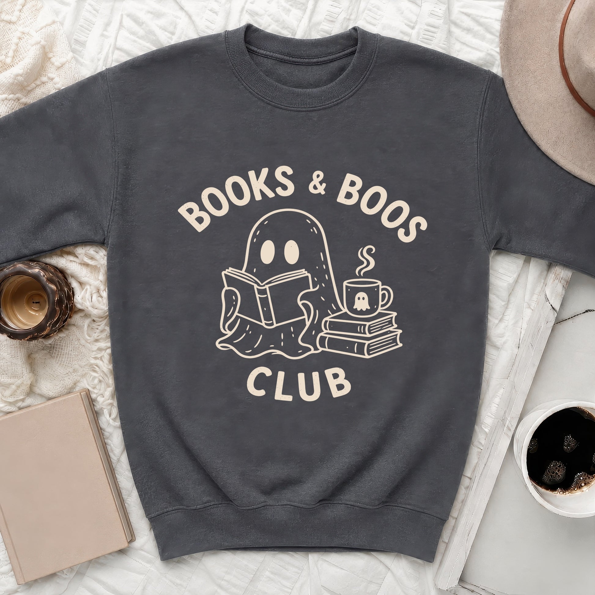 Dark gray sweatshirt with "Books & Boos Club" and a ghost reading a book.