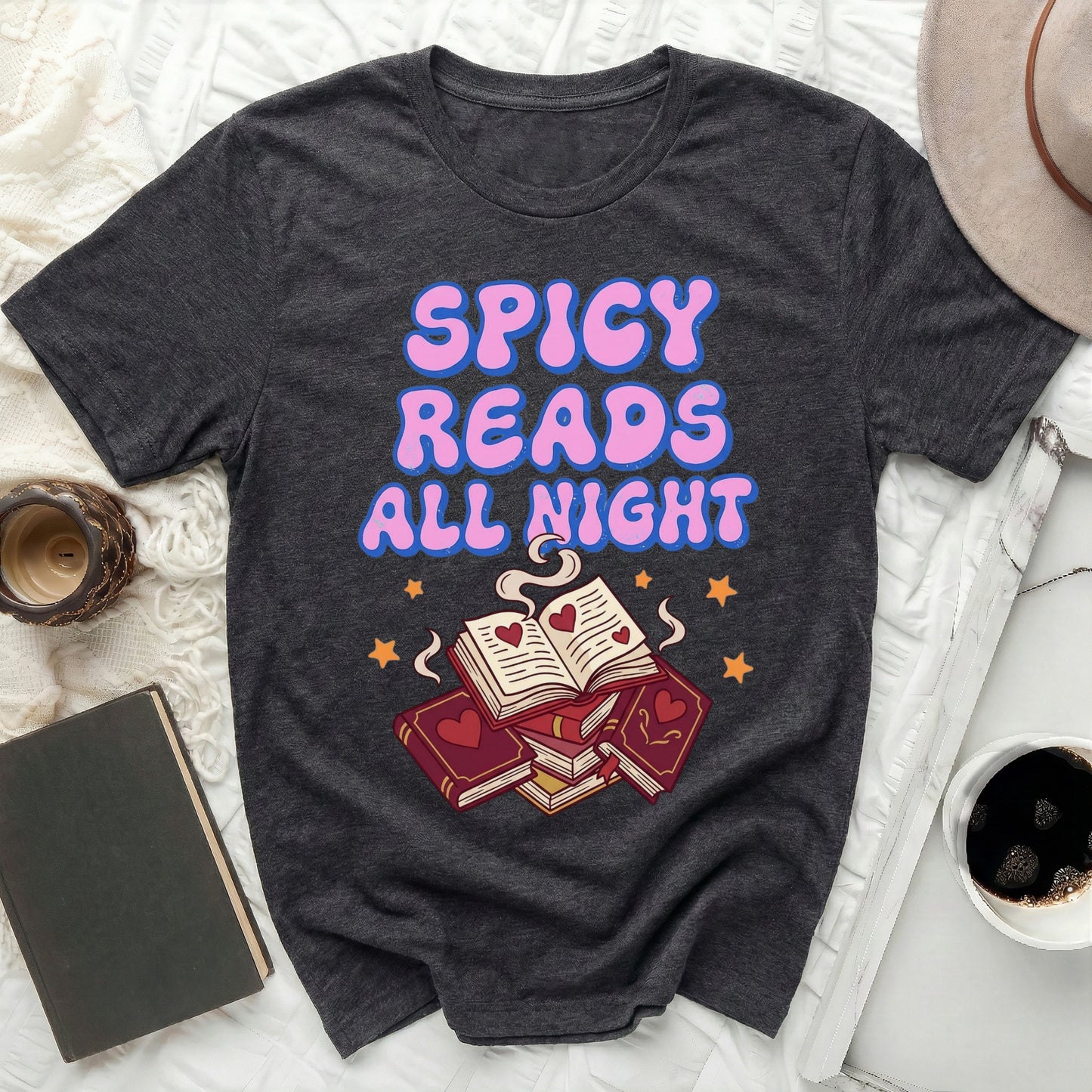 SPICY READS ALL NIGHT book lover shirt product type
Spicy Reads
All Night
Book Lover
Reading Fan
Bibliophile
Reader Gift
Bookish Style
Hearts Books
Novel Enthusiast
Cozy Reading
Story Time
Literary Vibes
Bookworm Life
Dark Academia
Romance Novels
Book Club
Graphic Tee
Book Stack
Star Decor
Fantasy Reads