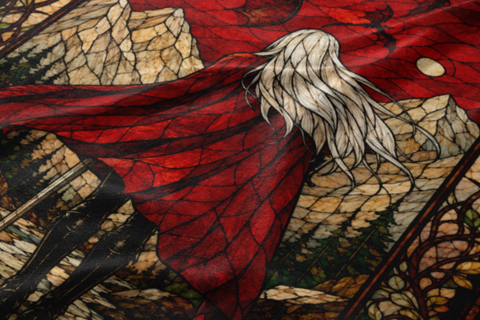 Figure with long blonde hair wearing a red cape, against a stained glass background.