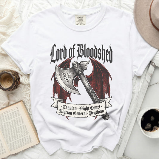 White t-shirt with "Lord of Bloodshed" graphic and banner text.