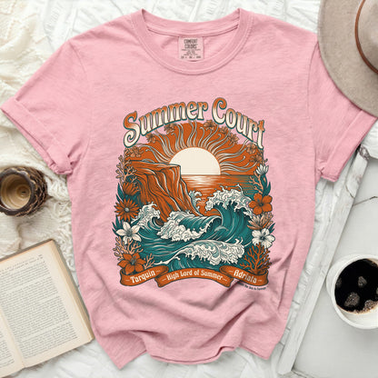 Pink t-shirt with "Summer Court" graphic featuring waves and sunset.