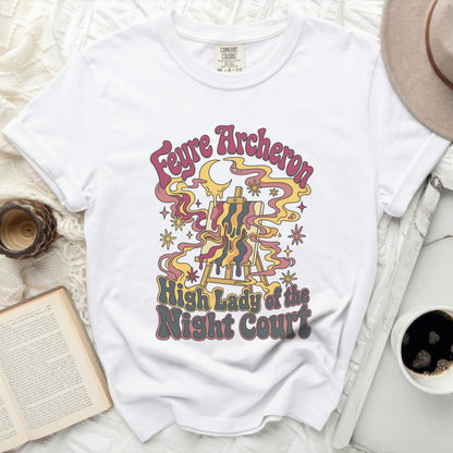 White t-shirt with "Feyre Archron High Lady of the Night Court" retro design.