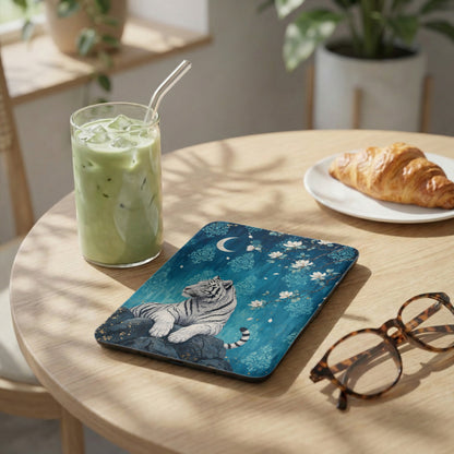 Tablet cover with white tiger design, moon, and flowers, beside a drink and croissant.