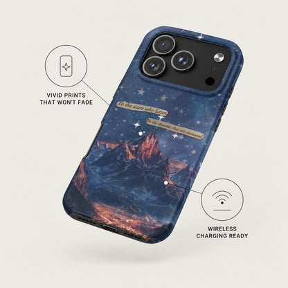 A blue smartphone case featuring a mountain landscape at night with starry sky and text annotations.