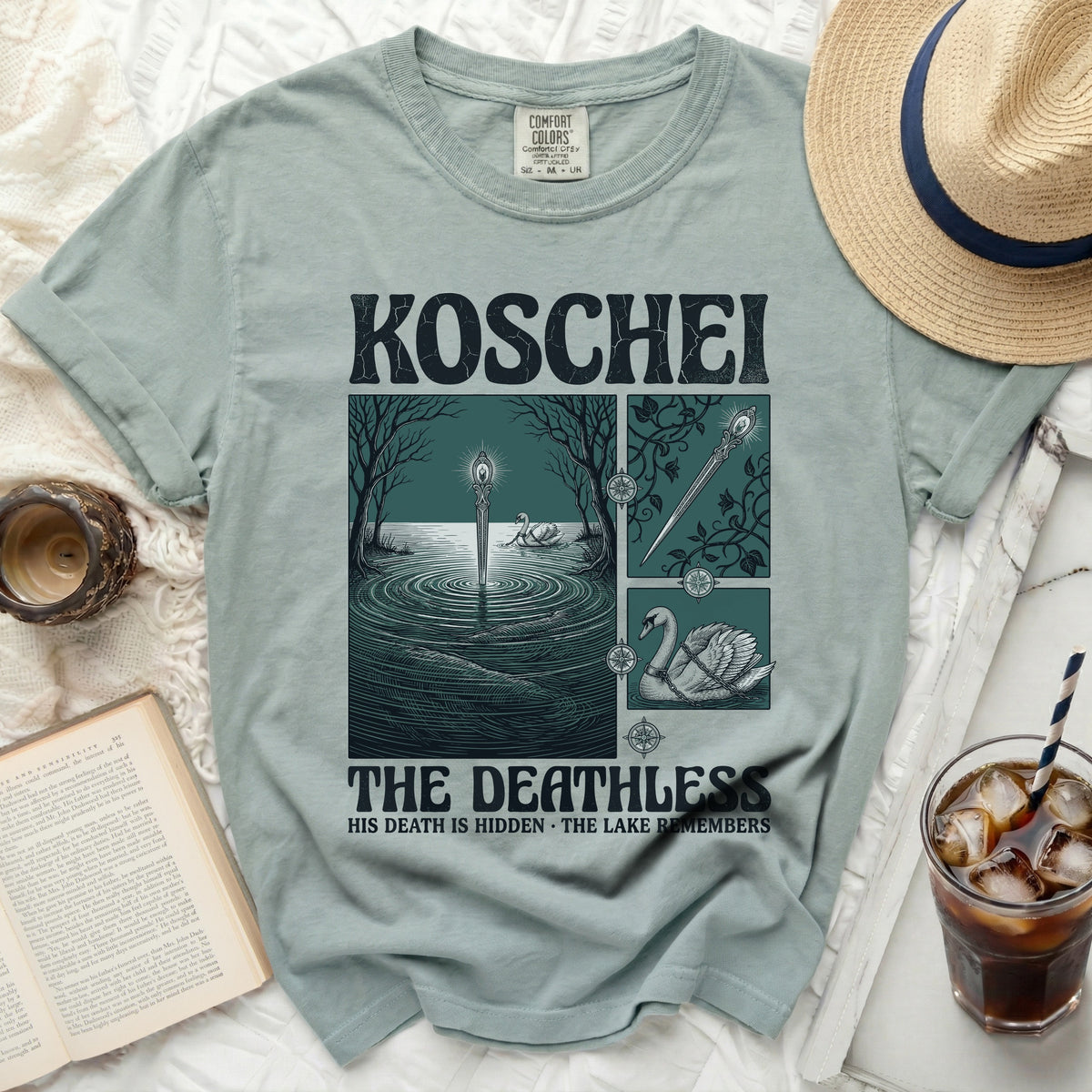 T-shirt with "Koschei The Deathless" text and dark graphic art.