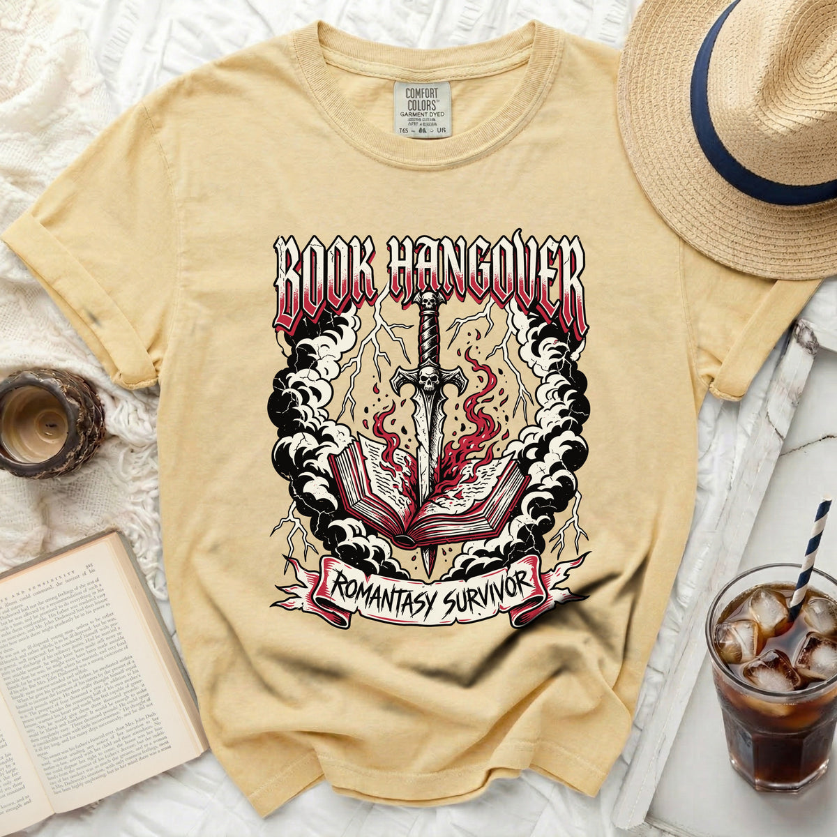 Yellow t-shirt with "Book Hangover Romantasy Survivor" graphic.