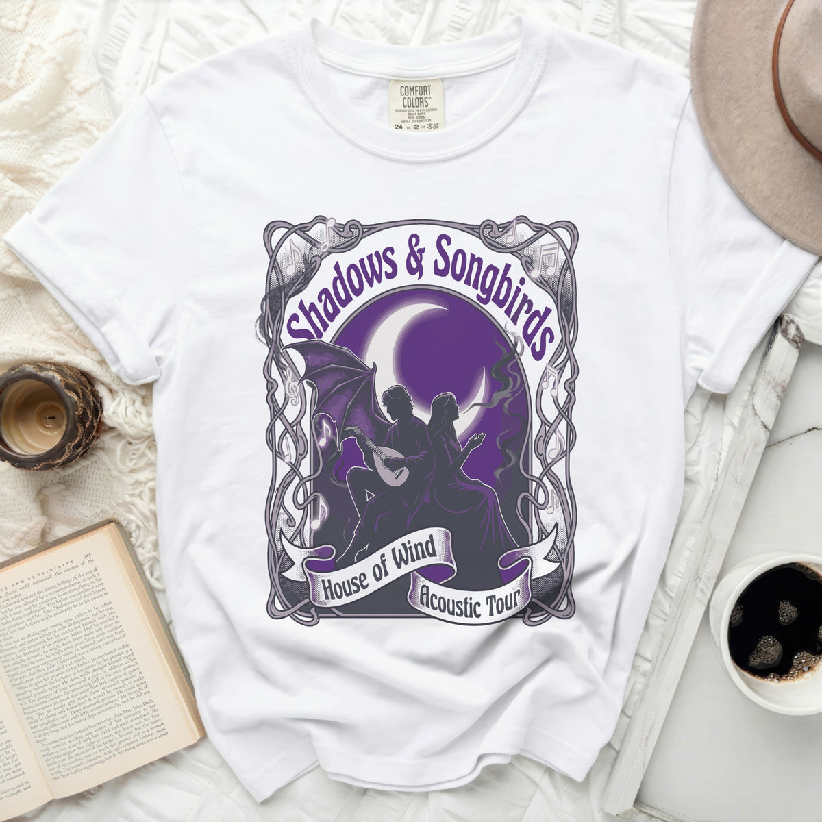 White t-shirt with "Shadows & Songbirds" and "House of Wind Acoustic Tour" graphic.