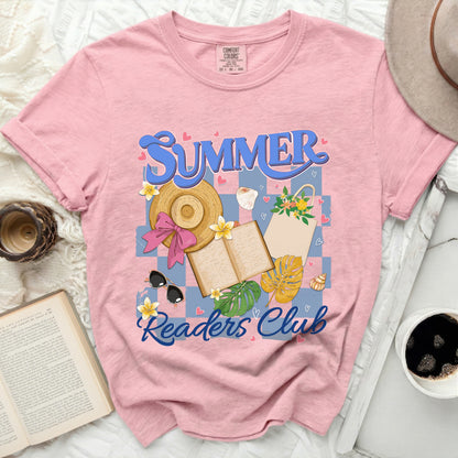 Pink t-shirt with "SUMMER Readers Club" graphic and vintage summer motifs.