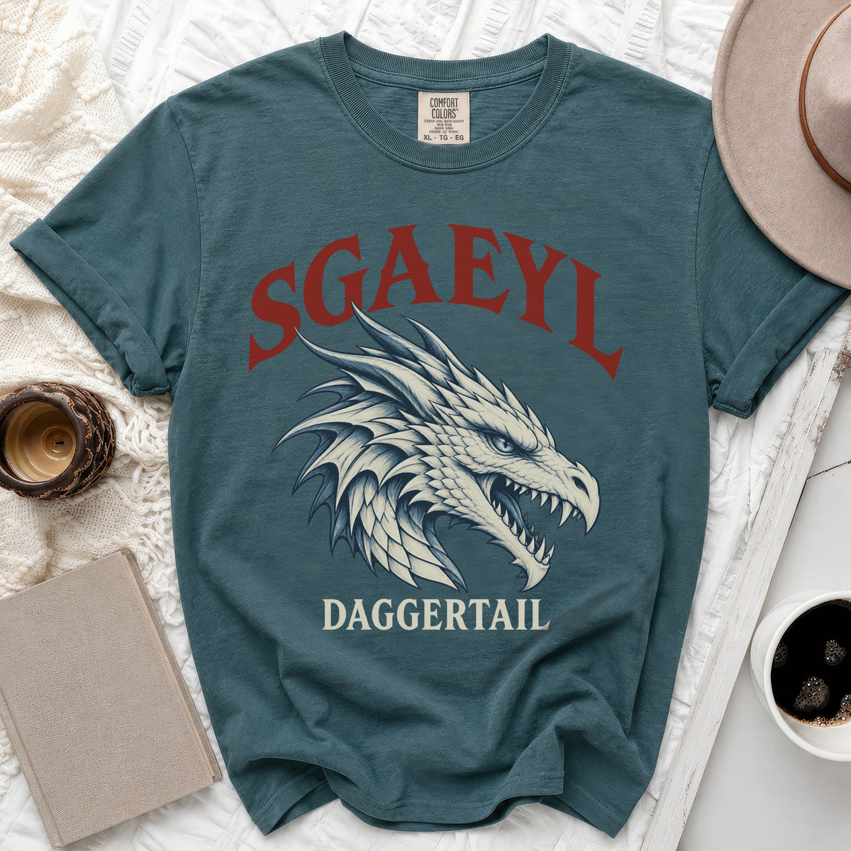 Teal t-shirt with red "SGAEYL" text and a white dragon head graphic.