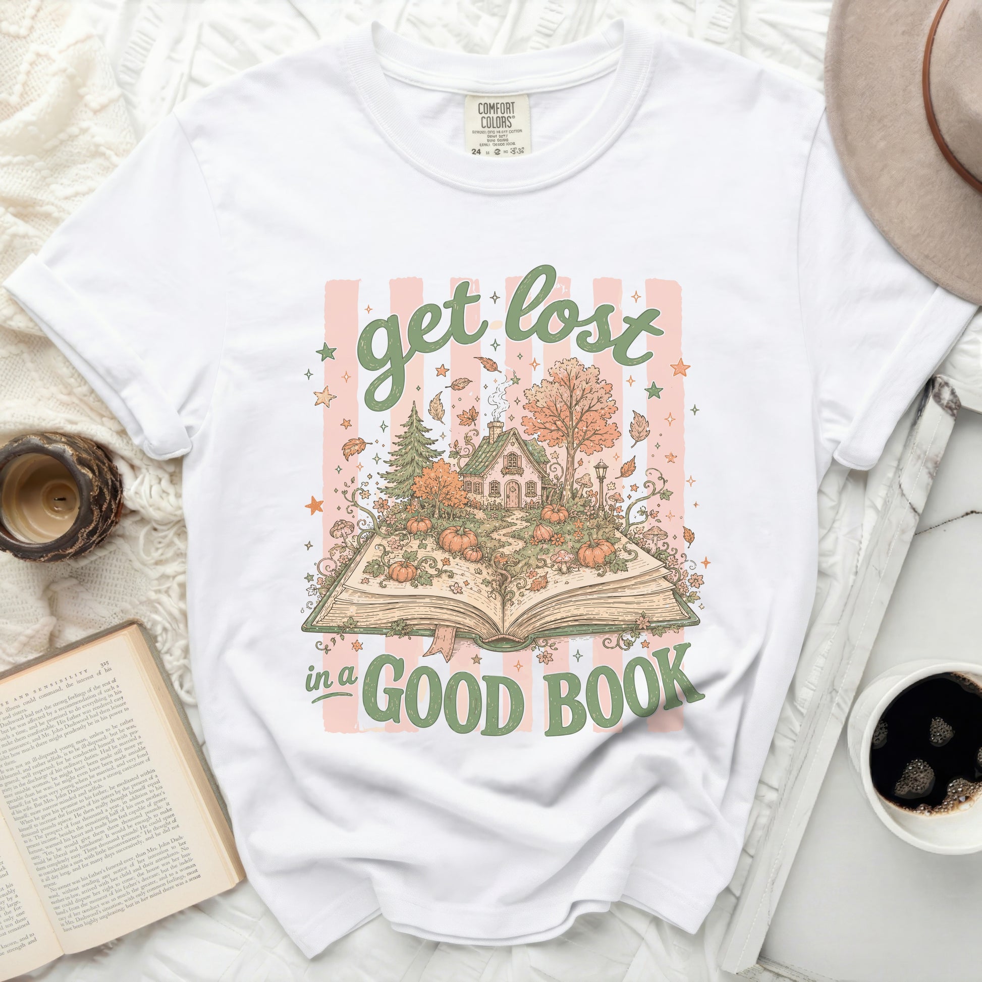 T-shirt with a book graphic and the text "get lost in a GOOD BOOK".