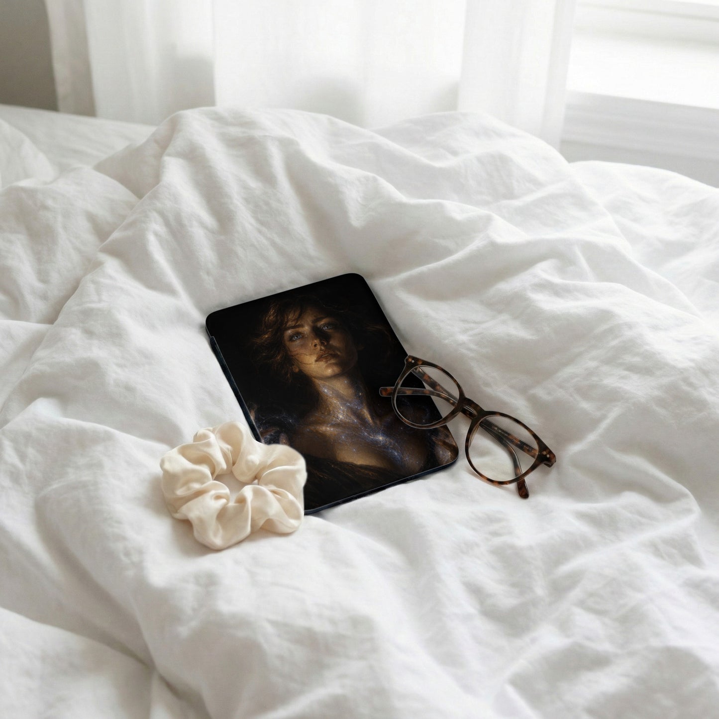 Phone with celestial art, glasses and scrunchie on crumpled white sheets.