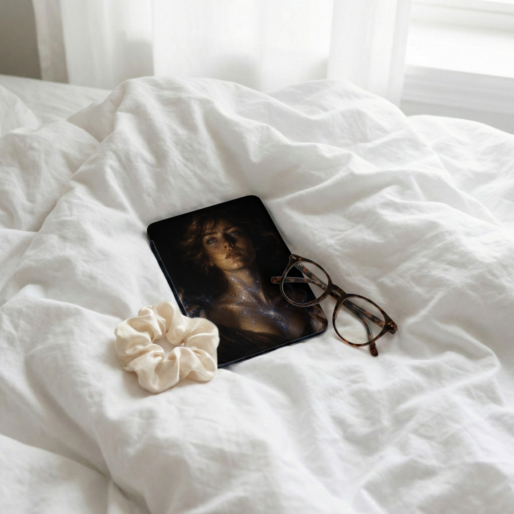 Phone with celestial art, glasses and scrunchie on crumpled white sheets.