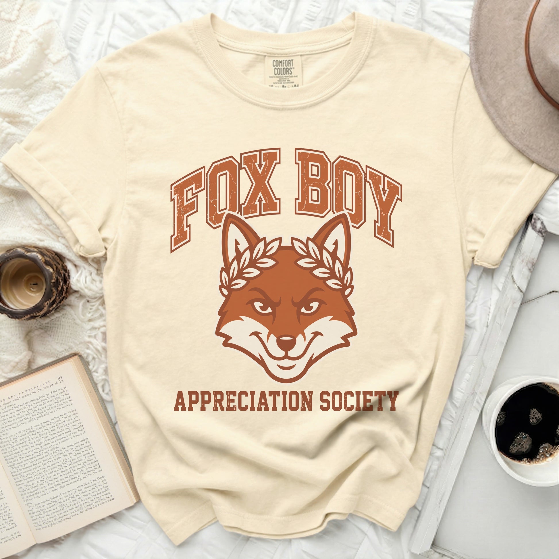 Cream t-shirt with "FOX BOY" and a fox graphic with "APPRECIATION SOCIETY".
