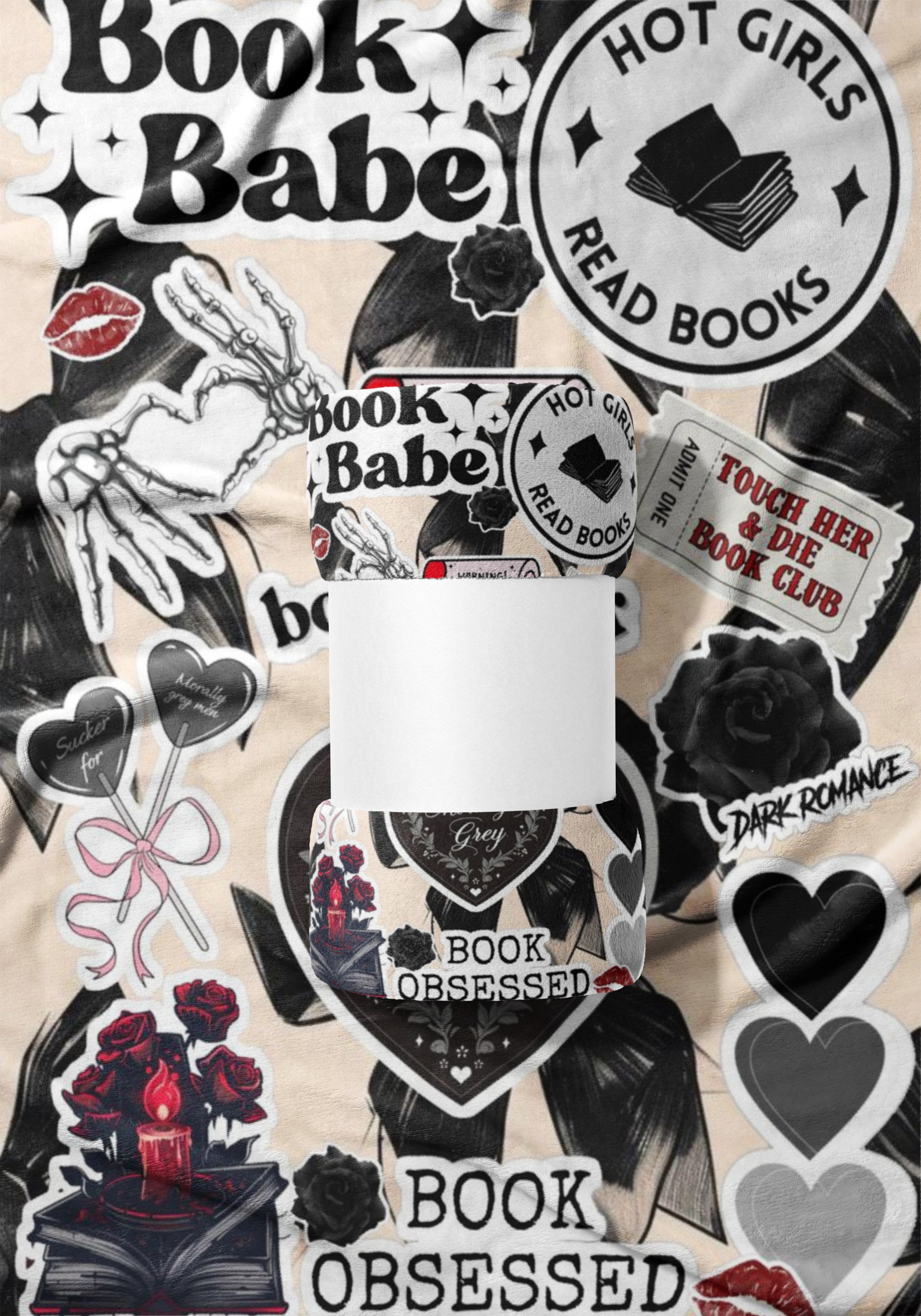 Sticker collage with "Book Babe", "Hot Girls Read Books", and "Book Obsessed" text.