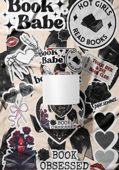 Sticker collage with "Book Babe", "Hot Girls Read Books", and "Book Obsessed" text.