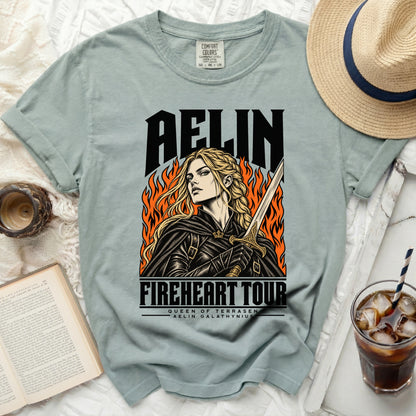 Aelin Fireheart Tour graphic t-shirt with illustrated woman and sword.