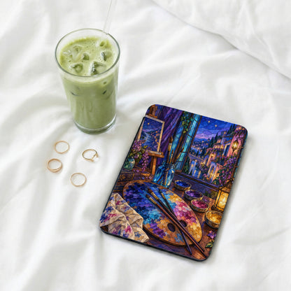 Tablet case with stained glass painting of a balcony scene overlooking a town.
