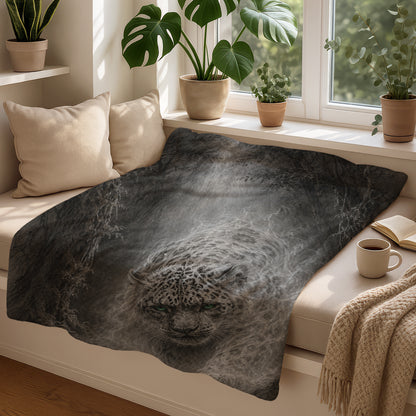 Blanket with a black and white snow leopard art print.