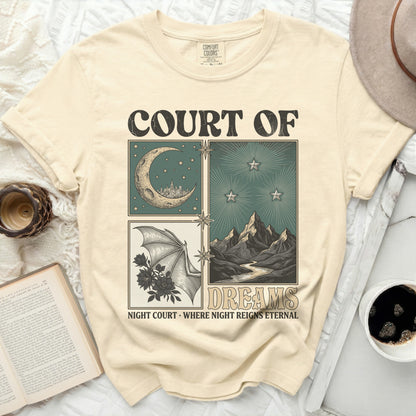 Cream t-shirt with "Court of Dreams Night Court Where Night Reigns Eternal" graphic.